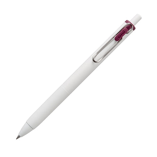 Mitsubishi Pencil uni-ball one 0.38mm gel pen in white with burgundy accents, angled view showing barrel and clip detail.