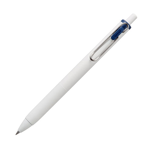 三菱鉛筆 Uni-Ball One 0.38 blue-black gel pen displayed at angle showing white barrel, blue-black clip and fine tip.