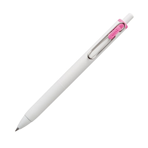 三菱鉛筆 Gel Ink Ballpoint Pen Uni-Ball One 0.38 Baby Pink UMNS38-68 angled view showing white barrel with pink accents
