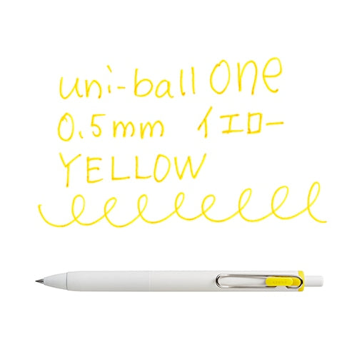 Uni-Ball One 0.5mm yellow gel pen with writing sample showing bright yellow ink and smooth line output on white paper