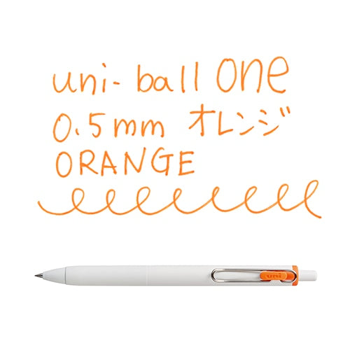Uni-ball one 0.5mm orange gel pen with writing sample showing ink color and line quality