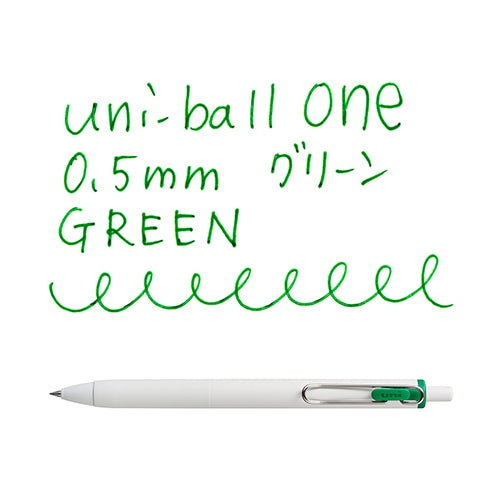Uni-ball One 0.5mm green gel pen writing sample showing ink color and line quality with pen displayed below