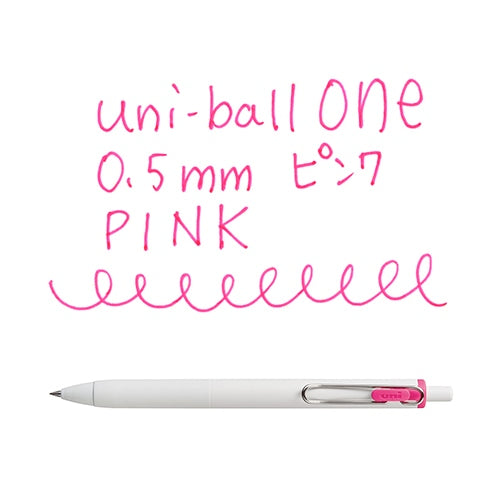 Uni-ball ONE 0.5mm pink gel pen with writing sample showing pink ink lines and handwritten product details