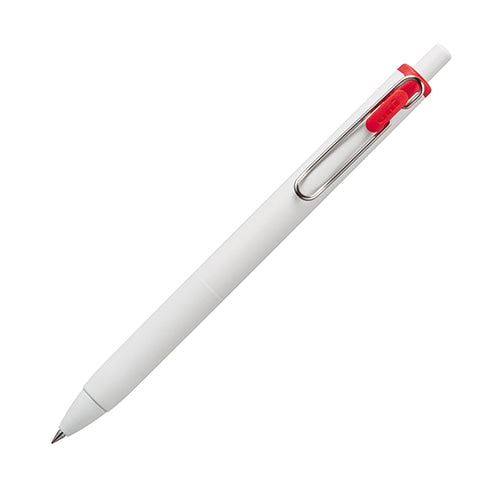 三菱鉛筆 uni-ball one 0.5 Red gel ink ballpoint pen displayed at angle showing white barrel and red ink window