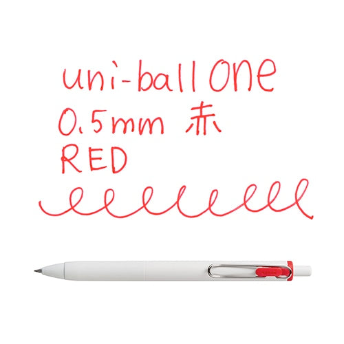 Uni-ball One 0.5mm red pen with writing sample showing ink color and line quality