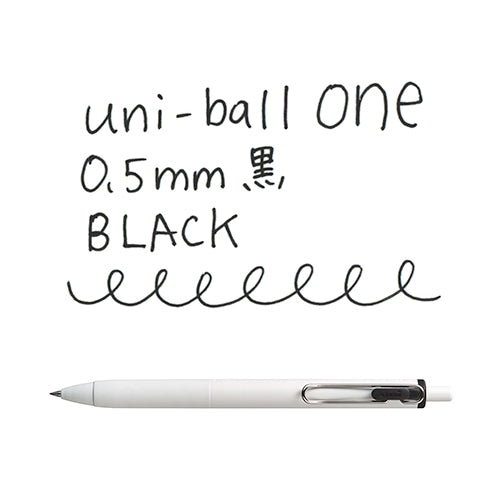 Uni-ball one 0.5mm black gel pen with writing sample and specifications shown