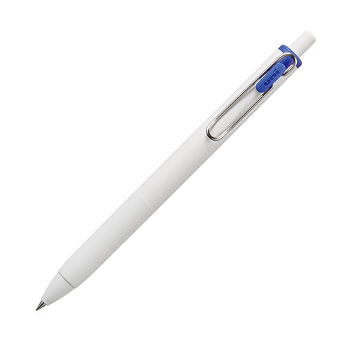 三菱鉛筆 uni-ball one 0.5 Blue gel ink ballpoint pen at angle showing white barrel and blue clip detail
