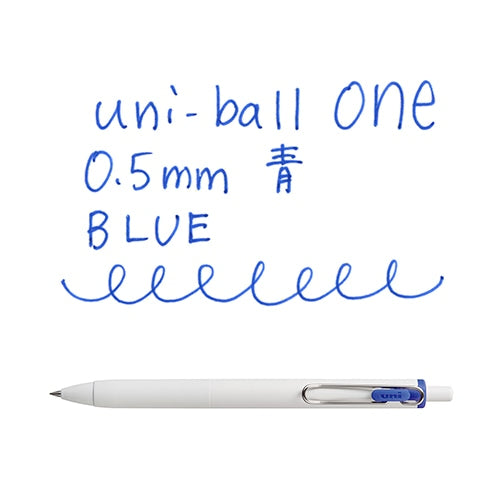 Uni-ball One 0.5mm blue gel pen with writing sample showing line quality and pen design detail