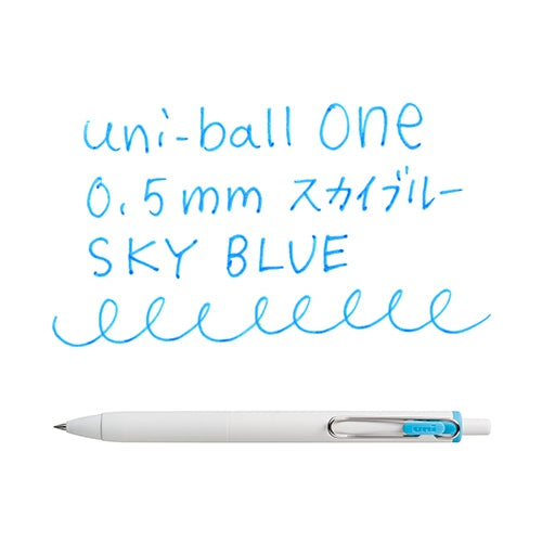 Uni-Ball One 0.5mm Sky Blue pen writing sample showing smooth blue ink output and line quality