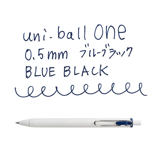 Uni-ball One 0.5mm blue black pen writing sample showing smooth ink flow and line quality