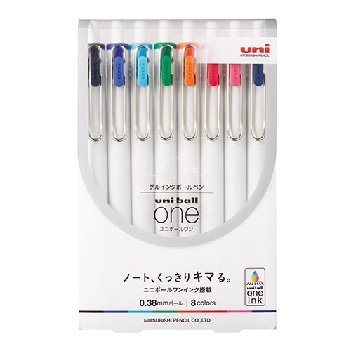 Mitsubishi uni-ball One 0.38mm gel pen 8-color set with black, blue, light blue, green, orange, red, pink, and navy pens…