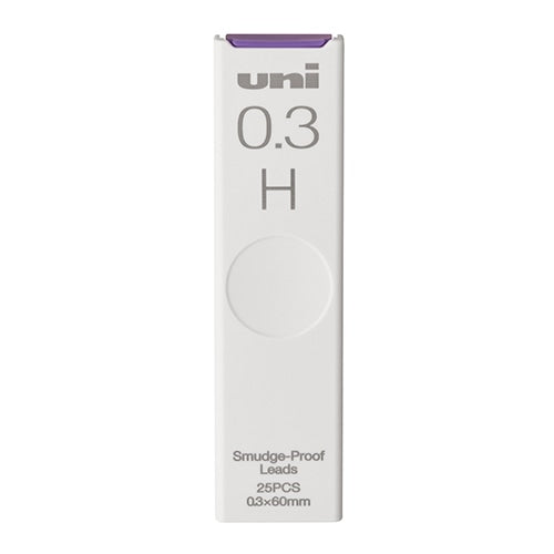 Uni 0.3mm H mechanical pencil lead refill box, white with purple top, smudge-proof leads, 25 pieces