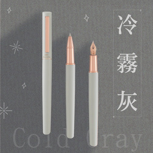 Three Interact Rollerball Pens in Cold Grey displayed at different angles showing pen tip details and barrel design