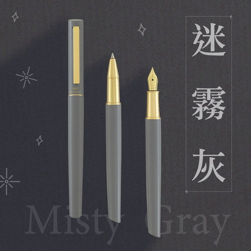 Three InterAct IWI rollerball pens in Misty Grey showing closed, ballpoint, and fountain nib variations with gold accents