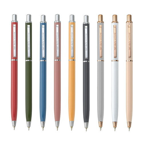 Interact Ballpoint Pen color palette display showing all nine available shades from red to beige with gold accents