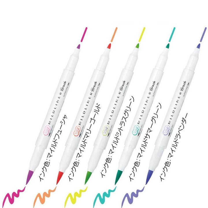 Zebra Mildliner Double-Sided Highlighter Brush - Brush / Extra Fine - 5 Bright Color Set