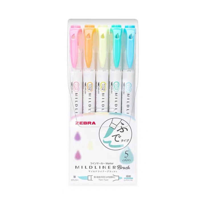 Zebra Mildliner Double-Sided Highlighter Brush - Brush / Extra Fine - 5 Mild &amp; Fluorescent Color Set