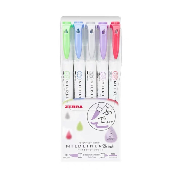 Zebra Mildliner Double-Sided Highlighter Brush - Brush / Extra Fine - 5 Cool &amp; Refined Color Set