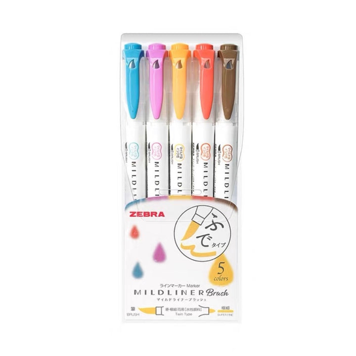 Zebra Mildliner Double-Sided Highlighter Brush - Brush / Extra Fine - 5 Deep &amp; Warm Color Set