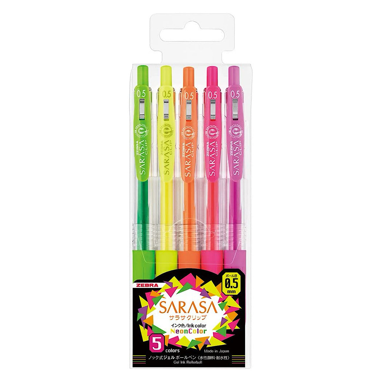 Zebra Sarasa Push Clip Gel Pen - 0.5 mm - Neon - 5 Color Set